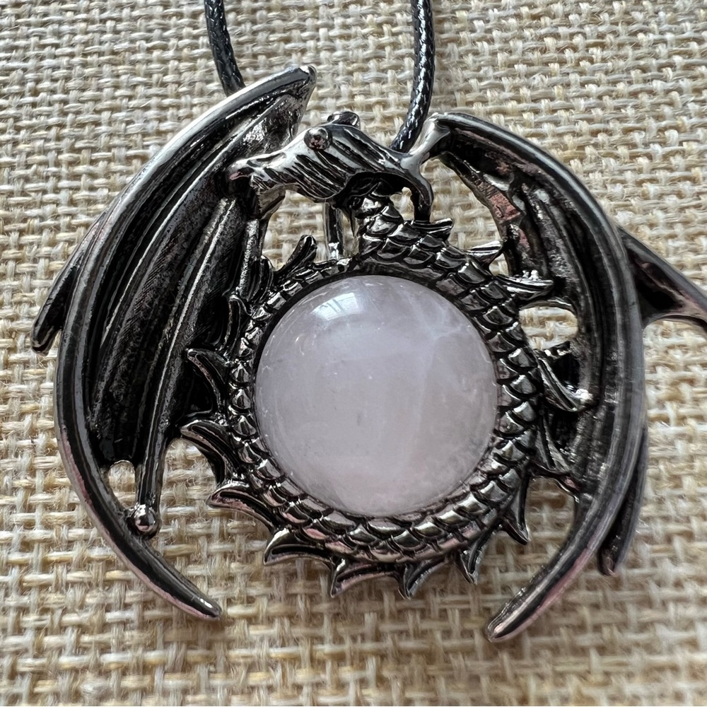 New Rose Quartz Crystal Reiki Dragon Wyvern Pendant Necklace